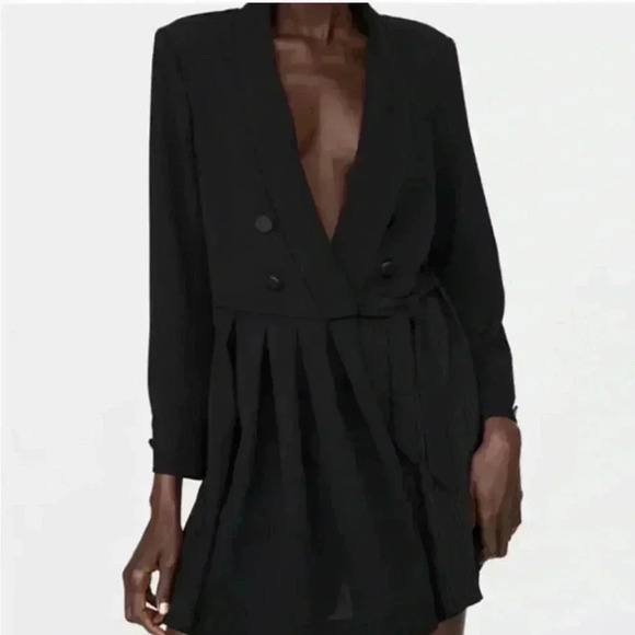 Zara Black Pleated Deep V-Neck Black Button Jumpsuit Romper Women’s Size Small - Picture 1 of 8